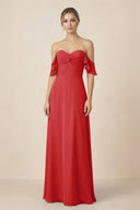 Off-the-Shoulder A-Line Chiffon Ruched Bridesmaid Dress in Ruby Red - KissProm BRIDESMAID DRESSES