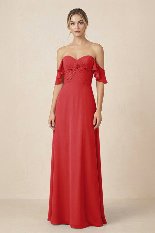 Off-the-Shoulder A-Line Chiffon Ruched Bridesmaid Dress in Ruby Red - KissProm BRIDESMAID DRESSES