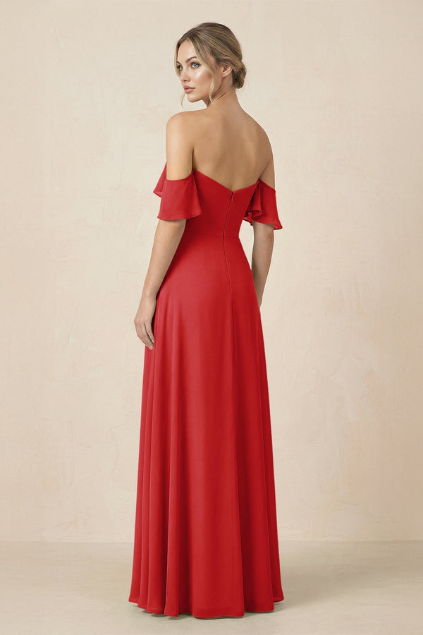 Off-the-Shoulder A-Line Chiffon Ruched Bridesmaid Dress in Ruby Red - KissProm BRIDESMAID DRESSES