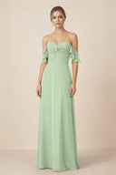 Off-the-Shoulder A-Line Chiffon Ruched Bridesmaid Dress in Sage - KissProm BRIDESMAID DRESSES