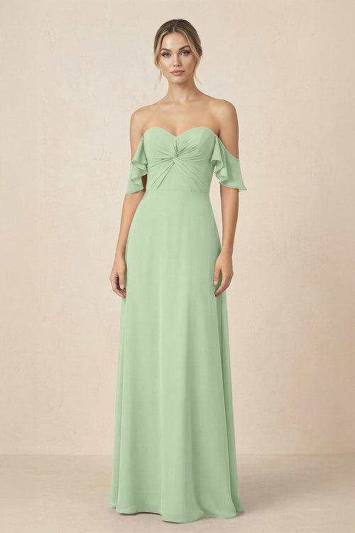 Off-the-Shoulder A-Line Chiffon Ruched Bridesmaid Dress in Sage - KissProm BRIDESMAID DRESSES