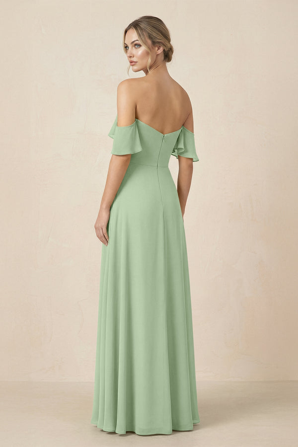 Off-the-Shoulder A-Line Chiffon Ruched Bridesmaid Dress in Sage - KissProm BRIDESMAID DRESSES