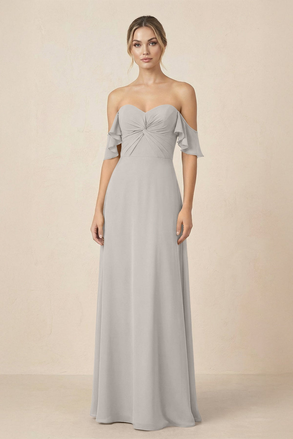Off-the-Shoulder A-Line Chiffon Ruched Bridesmaid Dress in Silver - KissProm BRIDESMAID DRESSES