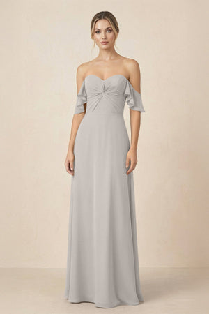 Off-the-Shoulder A-Line Chiffon Ruched Bridesmaid Dress in Silver - KissProm BRIDESMAID DRESSES