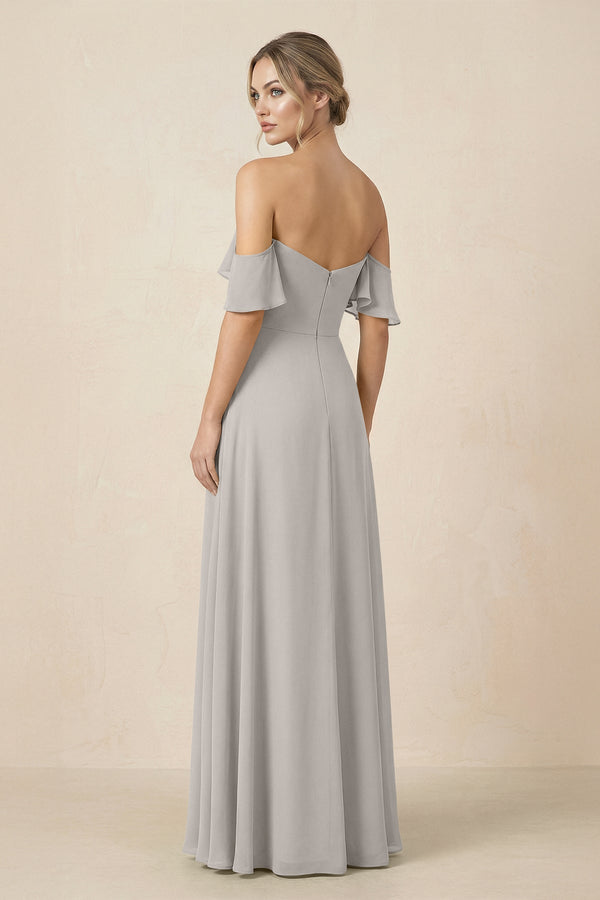 Off-the-Shoulder A-Line Chiffon Ruched Bridesmaid Dress in Silver - KissProm BRIDESMAID DRESSES