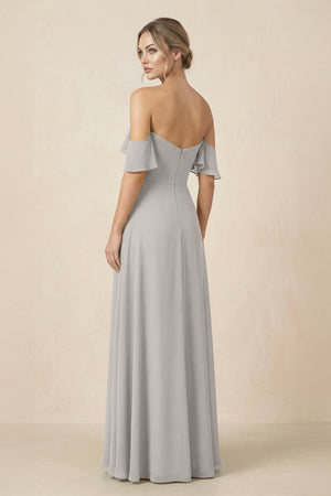Off-the-Shoulder A-Line Chiffon Ruched Bridesmaid Dress in Silver - KissProm BRIDESMAID DRESSES