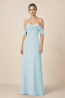 Off-the-Shoulder A-Line Chiffon Ruched Bridesmaid Dress in Sky Blue - KissProm BRIDESMAID DRESSES