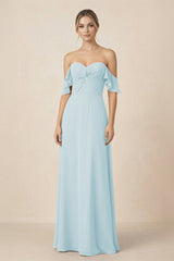 Off-the-Shoulder A-Line Chiffon Ruched Bridesmaid Dress in Sky Blue - KissProm BRIDESMAID DRESSES