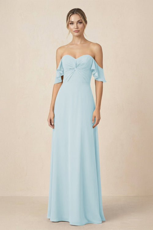 Off-the-Shoulder A-Line Chiffon Ruched Bridesmaid Dress in Sky Blue - KissProm BRIDESMAID DRESSES