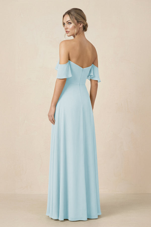 Off-the-Shoulder A-Line Chiffon Ruched Bridesmaid Dress in Sky Blue - KissProm BRIDESMAID DRESSES