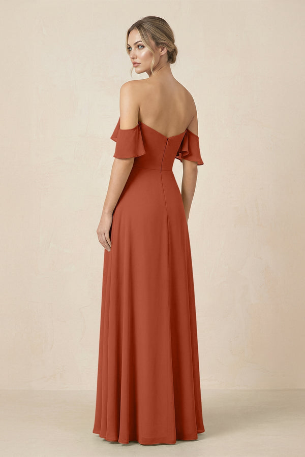 Off-the-Shoulder A-Line Chiffon Ruched Bridesmaid Dress in Spice - KissProm BRIDESMAID DRESSES