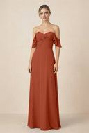 Off-the-Shoulder A-Line Chiffon Ruched Bridesmaid Dress in Spice - KissProm BRIDESMAID DRESSES