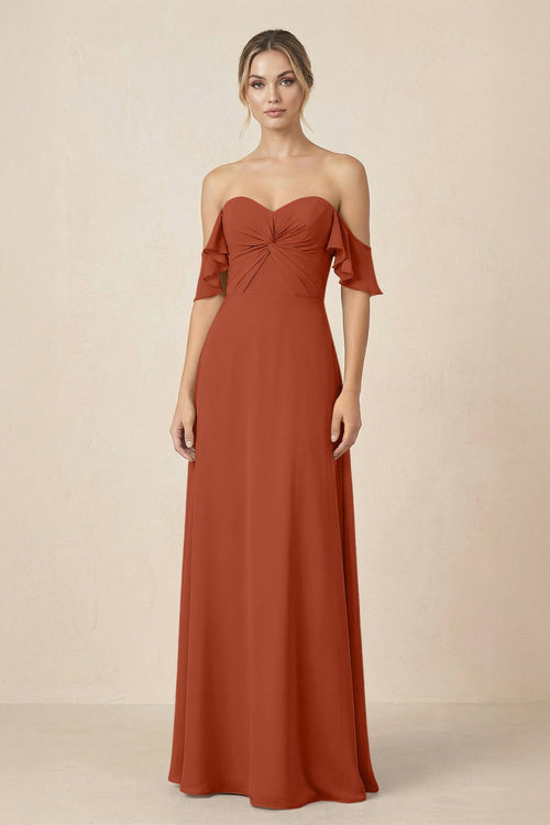 Off-the-Shoulder A-Line Chiffon Ruched Bridesmaid Dress in Spice - KissProm BRIDESMAID DRESSES