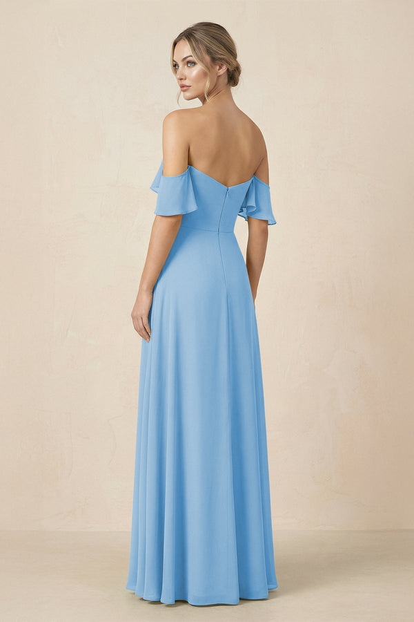 Off-the-Shoulder A-Line Chiffon Ruched Bridesmaid Dress in Steel Blue - KissProm BRIDESMAID DRESSES