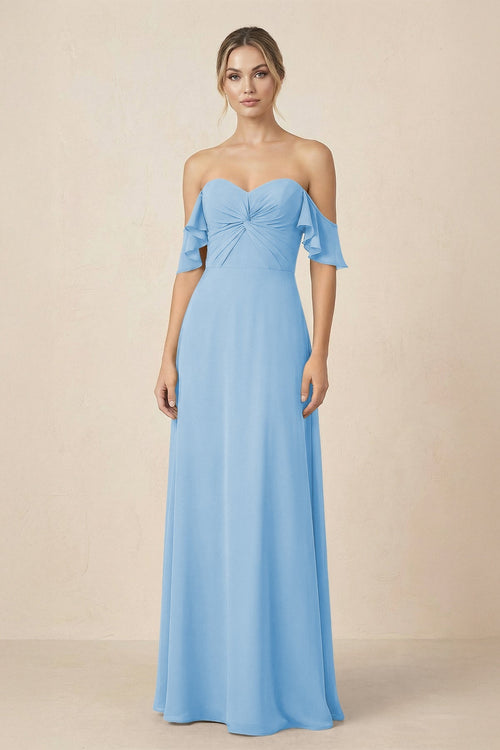 Off-the-Shoulder A-Line Chiffon Ruched Bridesmaid Dress in Steel Blue - KissProm BRIDESMAID DRESSES