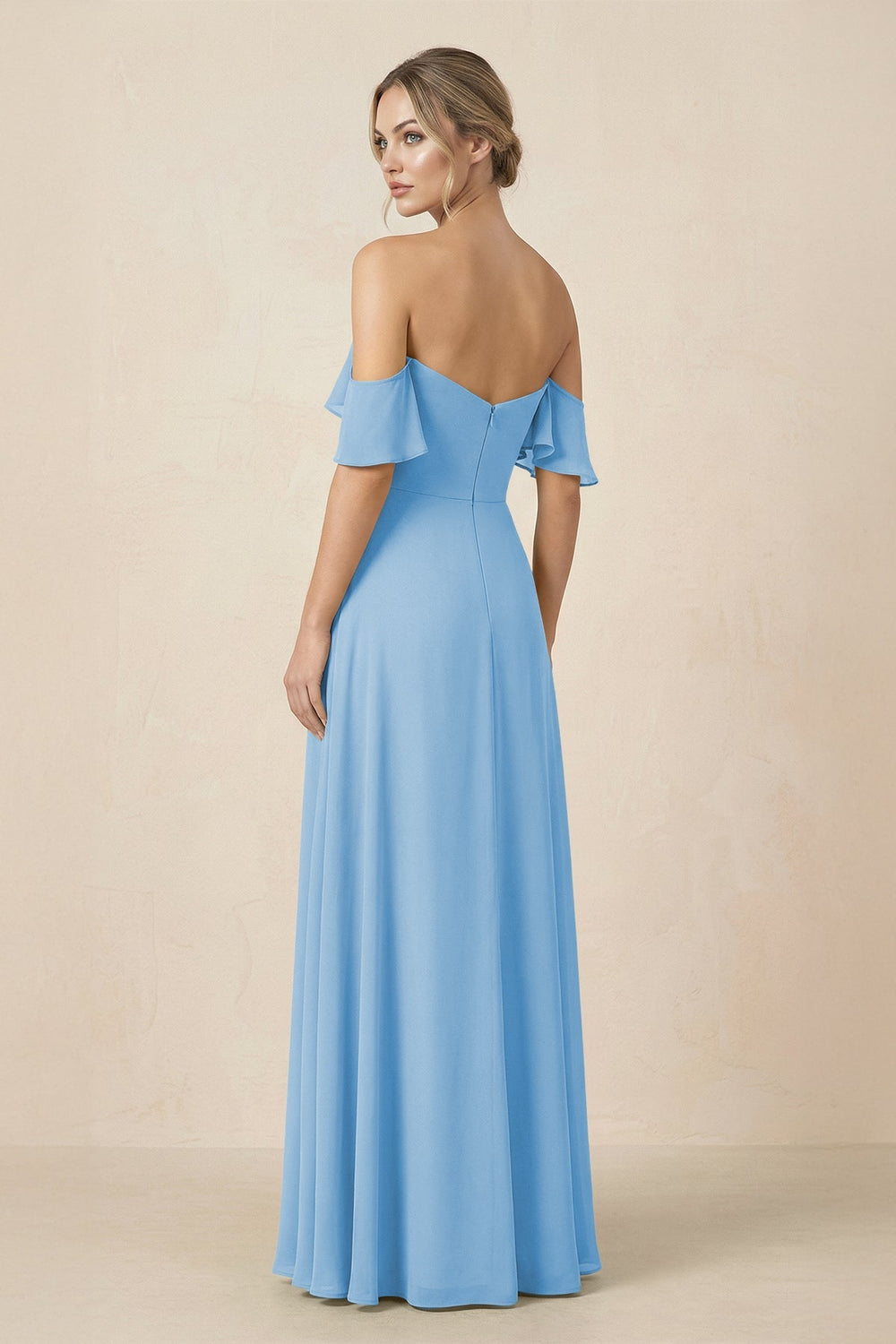 Off-the-Shoulder A-Line Chiffon Ruched Bridesmaid Dress in Steel Blue - KissProm BRIDESMAID DRESSES