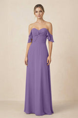 Off-the-Shoulder A-Line Chiffon Ruched Bridesmaid Dress in Tahiti - KissProm BRIDESMAID DRESSES