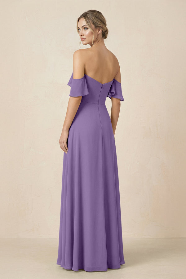 Off-the-Shoulder A-Line Chiffon Ruched Bridesmaid Dress in Tahiti - KissProm BRIDESMAID DRESSES