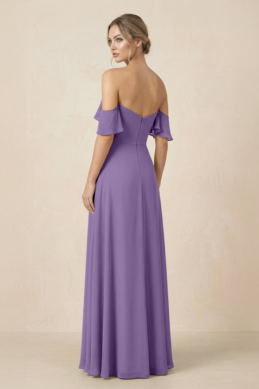 Off-the-Shoulder A-Line Chiffon Ruched Bridesmaid Dress in Tahiti - KissProm BRIDESMAID DRESSES