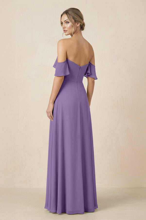 Off-the-Shoulder A-Line Chiffon Ruched Bridesmaid Dress in Tahiti - KissProm BRIDESMAID DRESSES
