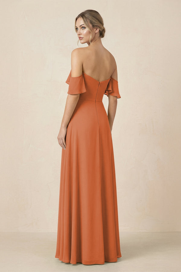 Off-the-Shoulder A-Line Chiffon Ruched Bridesmaid Dress in Terracotta - KissProm BRIDESMAID DRESSES