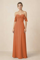 Off-the-Shoulder A-Line Chiffon Ruched Bridesmaid Dress in Terracotta - KissProm BRIDESMAID DRESSES