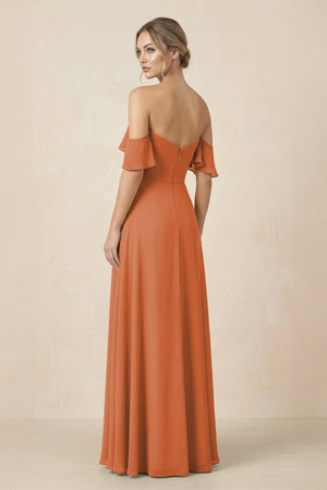 Off-the-Shoulder A-Line Chiffon Ruched Bridesmaid Dress in Terracotta - KissProm BRIDESMAID DRESSES
