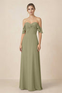Off-the-Shoulder A-Line Chiffon Ruched Bridesmaid Dress in Thyme - KissProm BRIDESMAID DRESSES