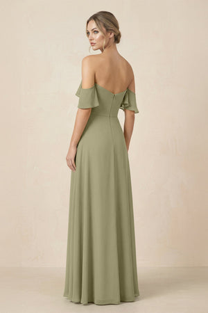 Off-the-Shoulder A-Line Chiffon Ruched Bridesmaid Dress in Thyme - KissProm BRIDESMAID DRESSES