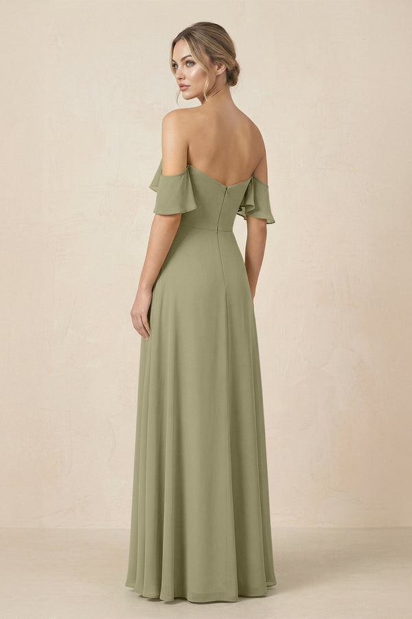 Off-the-Shoulder A-Line Chiffon Ruched Bridesmaid Dress in Thyme - KissProm BRIDESMAID DRESSES