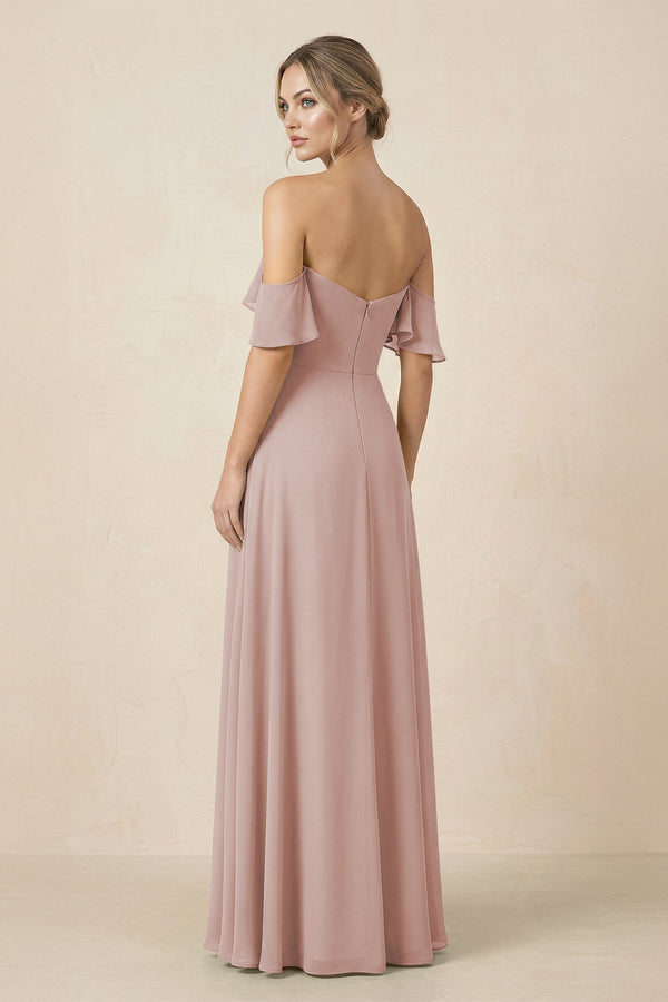 Off-the-Shoulder A-Line Chiffon Ruched Bridesmaid Dress in Toffee - KissProm BRIDESMAID DRESSES