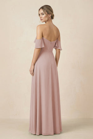 Off-the-Shoulder A-Line Chiffon Ruched Bridesmaid Dress in Toffee - KissProm BRIDESMAID DRESSES