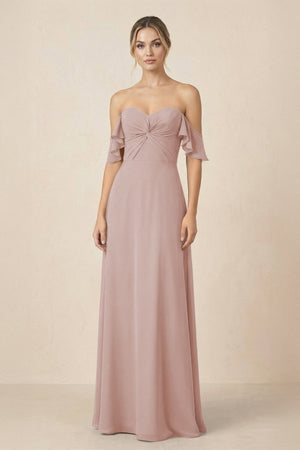Off-the-Shoulder A-Line Chiffon Ruched Bridesmaid Dress in Toffee - KissProm BRIDESMAID DRESSES