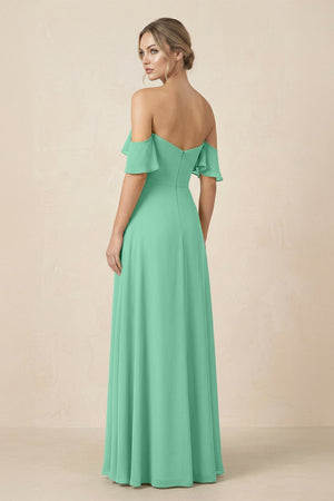 Off-the-Shoulder A-Line Chiffon Ruched Bridesmaid Dress in Turquoise - KissProm BRIDESMAID DRESSES