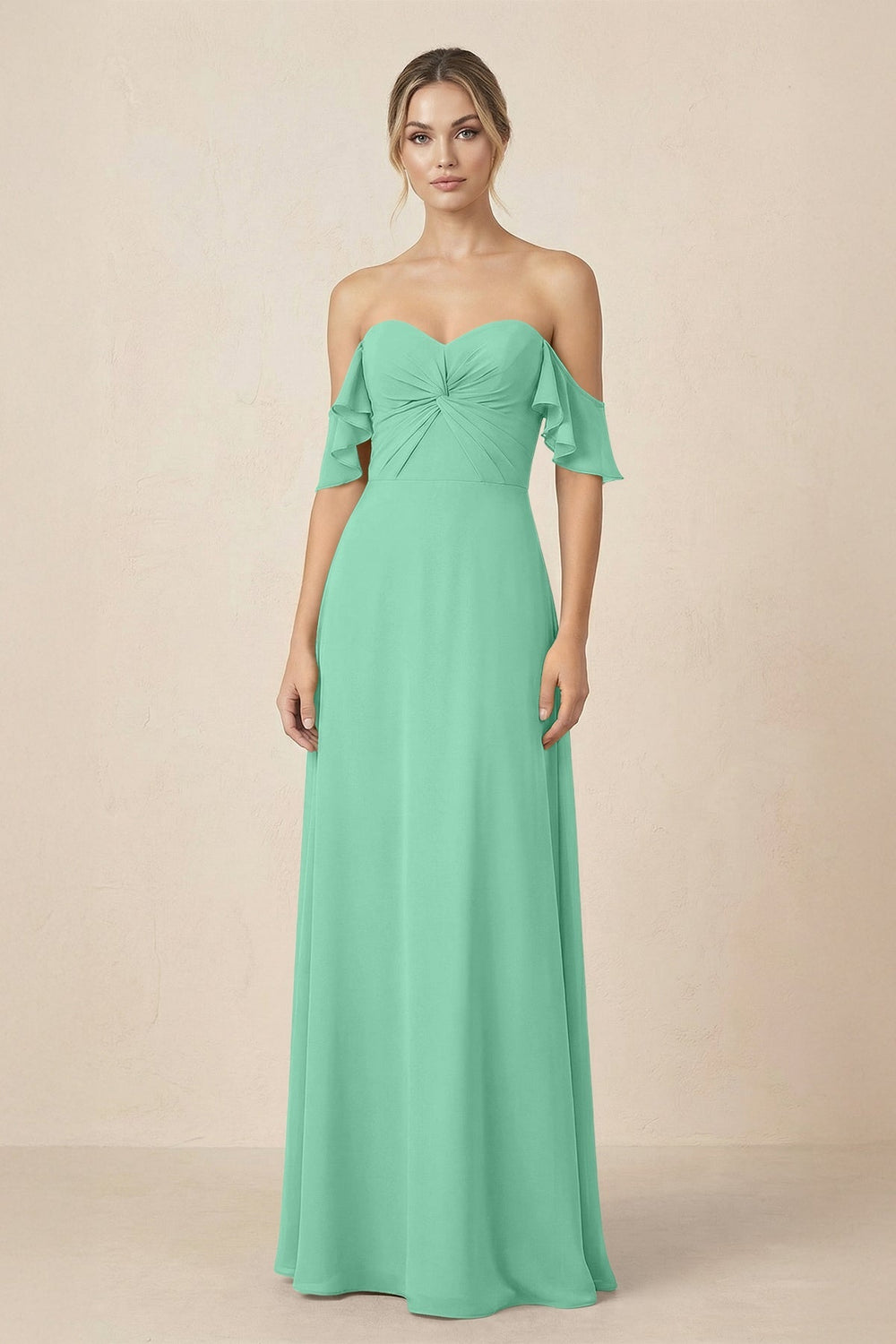 Off-the-Shoulder A-Line Chiffon Ruched Bridesmaid Dress in Turquoise - KissProm BRIDESMAID DRESSES