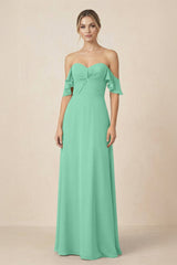 Off-the-Shoulder A-Line Chiffon Ruched Bridesmaid Dress in Turquoise - KissProm BRIDESMAID DRESSES