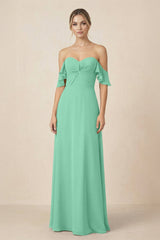 Off-the-Shoulder A-Line Chiffon Ruched Bridesmaid Dress in Turquoise - KissProm BRIDESMAID DRESSES