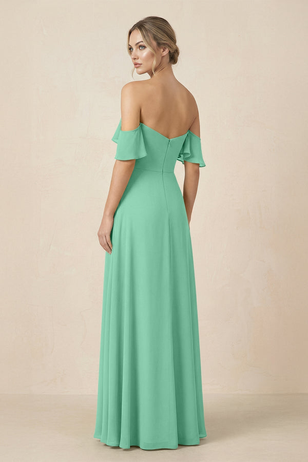 Off-the-Shoulder A-Line Chiffon Ruched Bridesmaid Dress in Turquoise - KissProm BRIDESMAID DRESSES