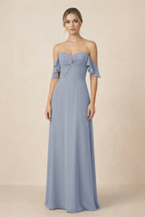 Off-the-Shoulder A-Line Chiffon Ruched Bridesmaid Dress in Twilight - KissProm BRIDESMAID DRESSES