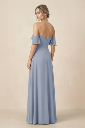 Off-the-Shoulder A-Line Chiffon Ruched Bridesmaid Dress in Twilight - KissProm BRIDESMAID DRESSES