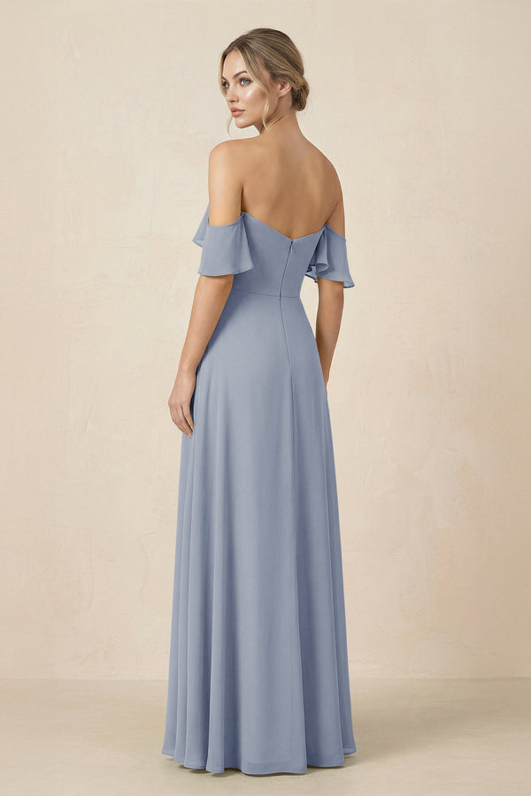 Off-the-Shoulder A-Line Chiffon Ruched Bridesmaid Dress in Twilight - KissProm BRIDESMAID DRESSES
