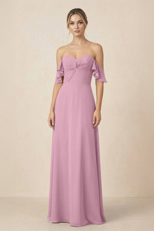 Off-the-Shoulder A-Line Chiffon Ruched Bridesmaid Dress in Vintage Mauve - KissProm BRIDESMAID DRESSES