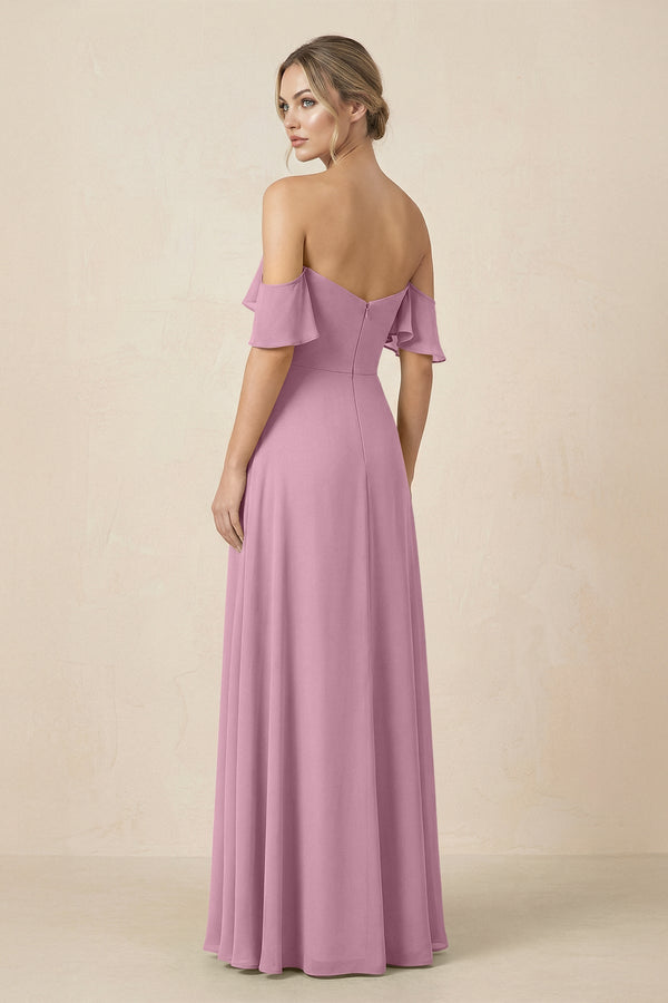 Off-the-Shoulder A-Line Chiffon Ruched Bridesmaid Dress in Vintage Mauve - KissProm BRIDESMAID DRESSES