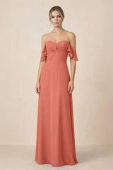 Off-the-Shoulder A-Line Chiffon Ruched Bridesmaid Dress in Wild Rose - KissProm BRIDESMAID DRESSES