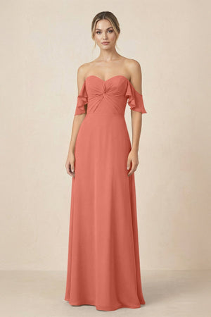 Off-the-Shoulder A-Line Chiffon Ruched Bridesmaid Dress in Wild Rose - KissProm BRIDESMAID DRESSES