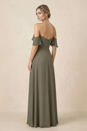 Off-the-Shoulder A-Line Chiffon Ruched Bridesmaid Dress in Willow Green - KissProm BRIDESMAID DRESSES