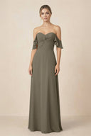 Off-the-Shoulder A-Line Chiffon Ruched Bridesmaid Dress in Willow Green - KissProm BRIDESMAID DRESSES