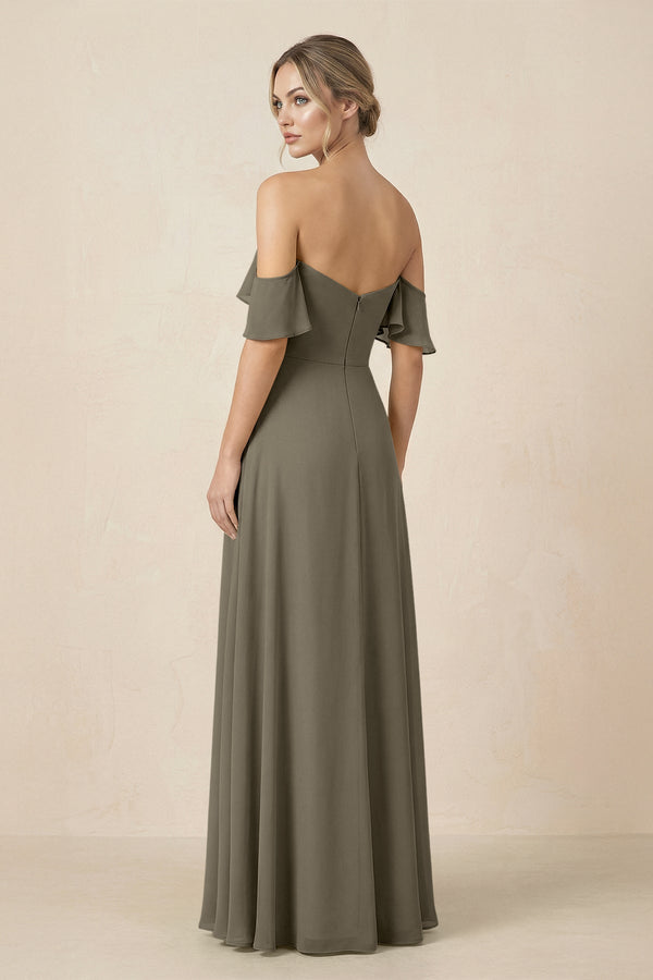 Off-the-Shoulder A-Line Chiffon Ruched Bridesmaid Dress in Willow Green - KissProm BRIDESMAID DRESSES