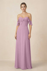 Off-the-Shoulder A-Line Chiffon Ruched Bridesmaid Dress in Wisteria - KissProm BRIDESMAID DRESSES