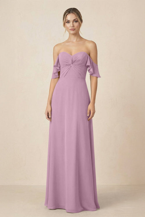 Off-the-Shoulder A-Line Chiffon Ruched Bridesmaid Dress in Wisteria - KissProm BRIDESMAID DRESSES